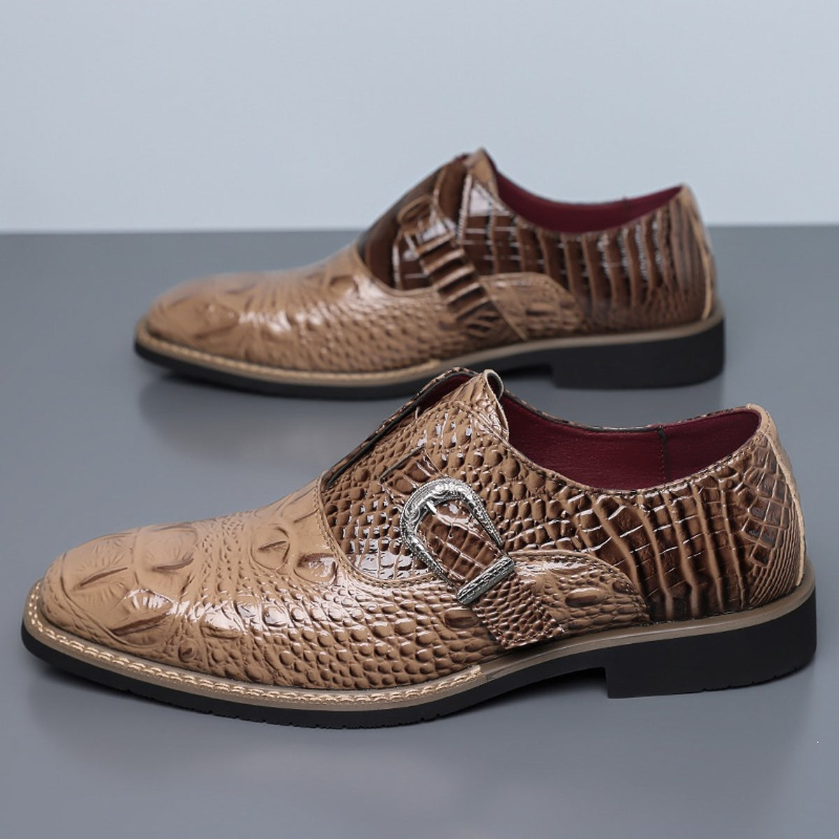 Glossy brown loafers with a reptile pattern, black sole and silver buckle. (photo 2)