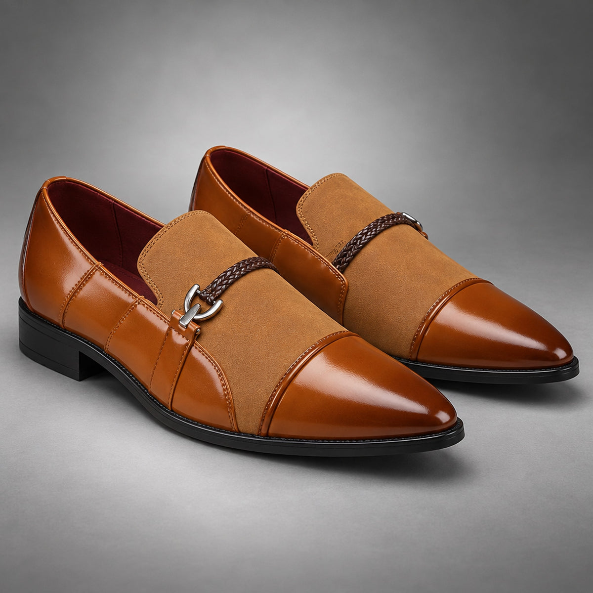 Brown loafers in warm tan with matte suede-look and glossy leather-look panels.
