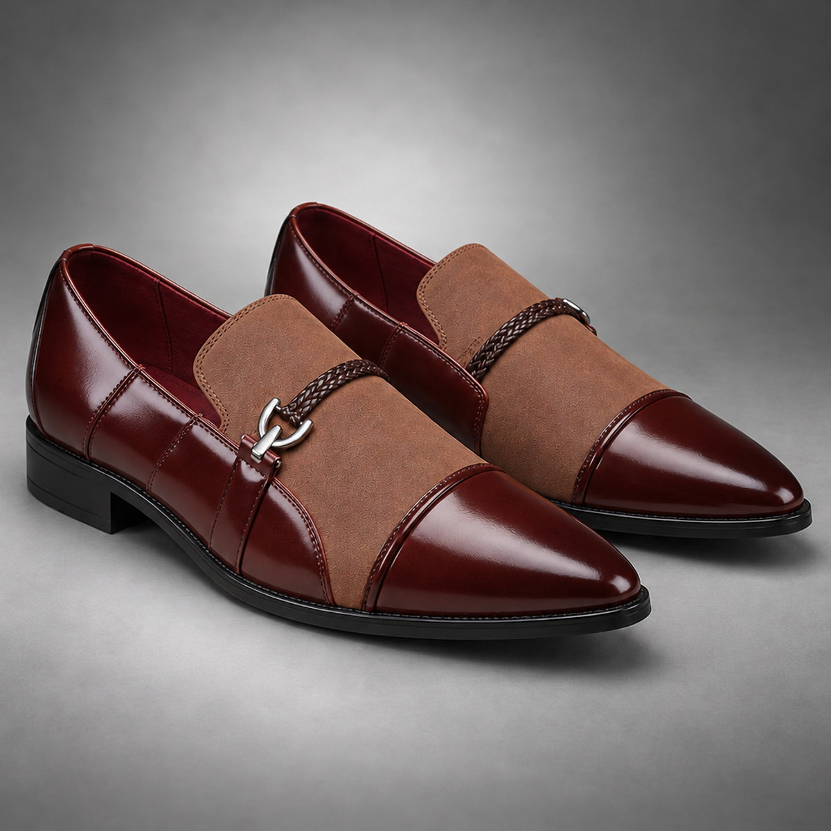 Dark brown loafers in rich burgundy and tan brown with glossy and matte textured panels.